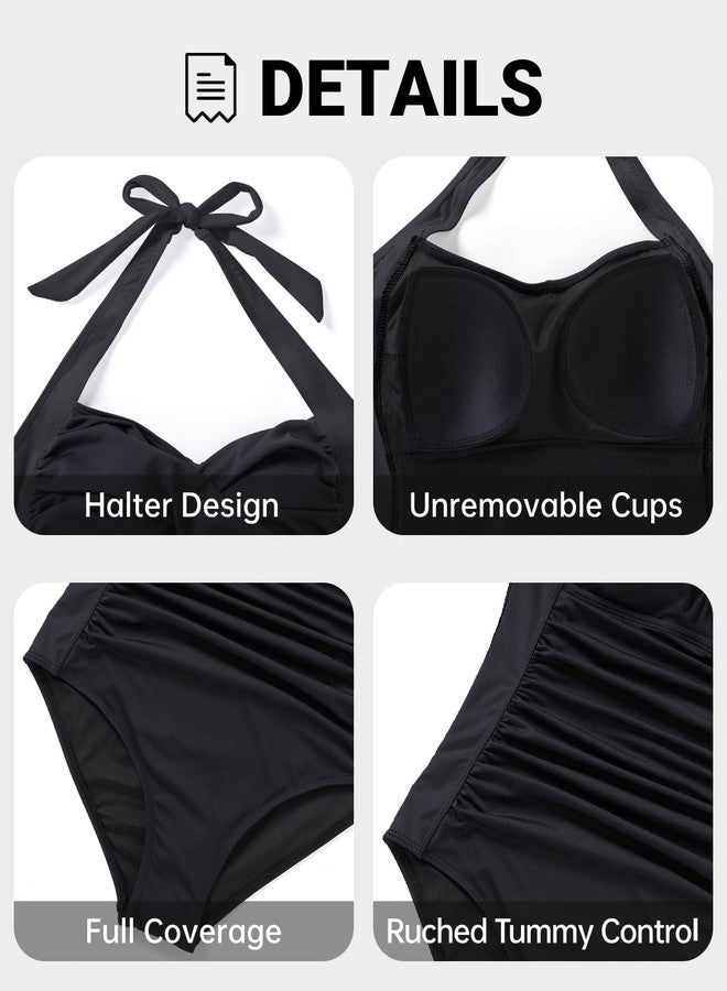 Tempt Me Women Black Tummy Control One Piece Swimsuits Push Up Slimming Bathing Suits Halter Vintage Swimwear M - Image 4